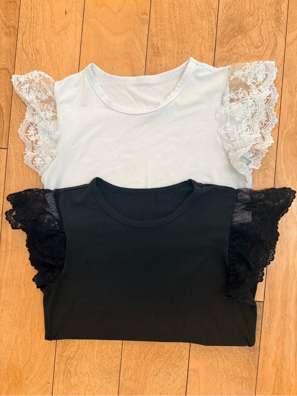 Girls Lace Sleeve Tee - Black & White